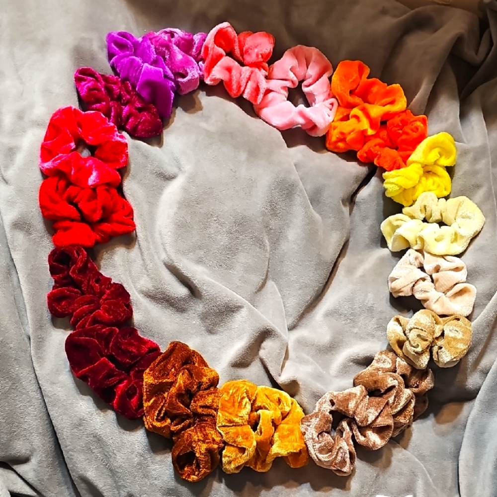 21 Scrunchies Pink Red Orange Gold Tan Bright Colorful Velvet Feel